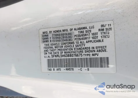 2011 Honda Odyssey Exl z USA, uszkodzony, nr VIN 5FNRL5H63BB076675